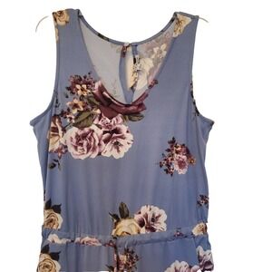 Haute Monde Blue Floral Sleeveless Jogger Jumpsuit Large Drawstring Waist Pocket